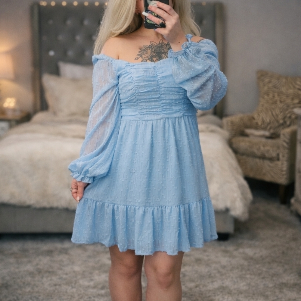 Midnight Doll Blue Off Shoulder Swiss Dot Babydoll Dress XL Romantic Cottagecore
